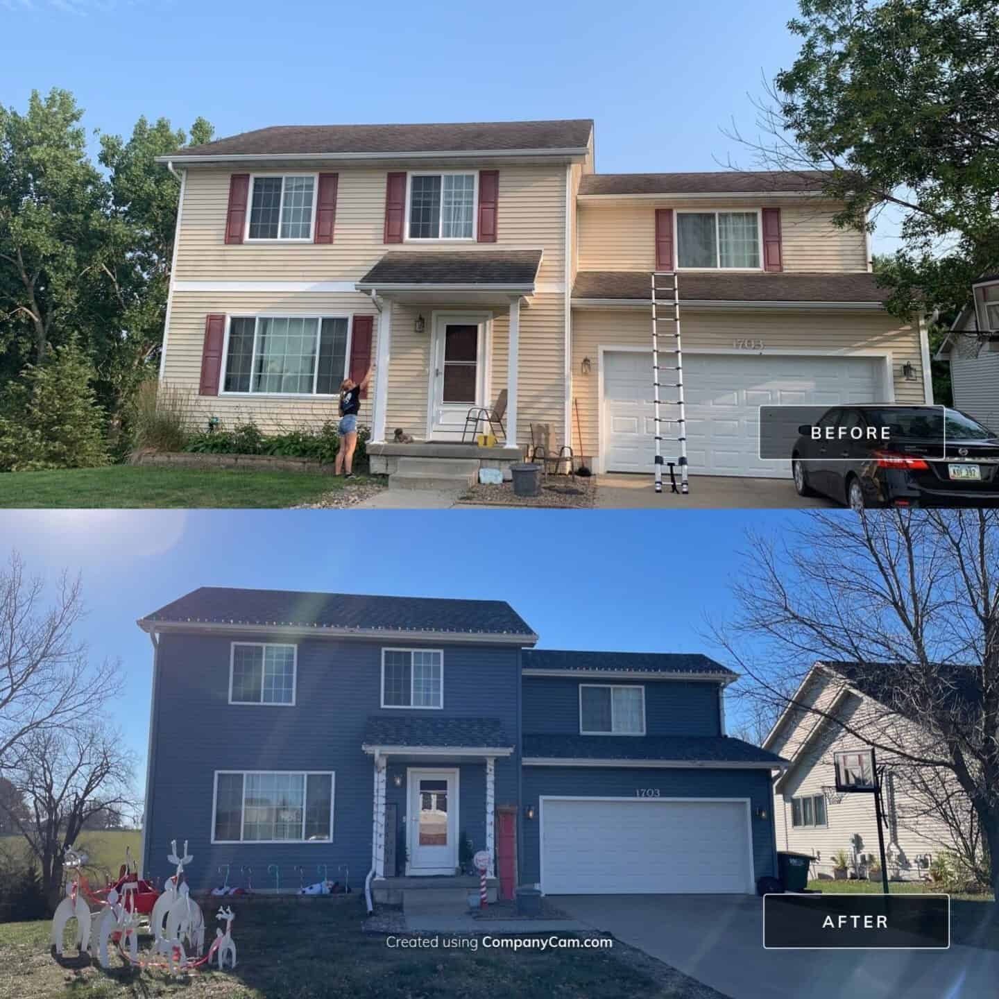 Before and after images of a two-story house in Urbandale, Iowa. New blue siding with a new dark grey shingle roof.