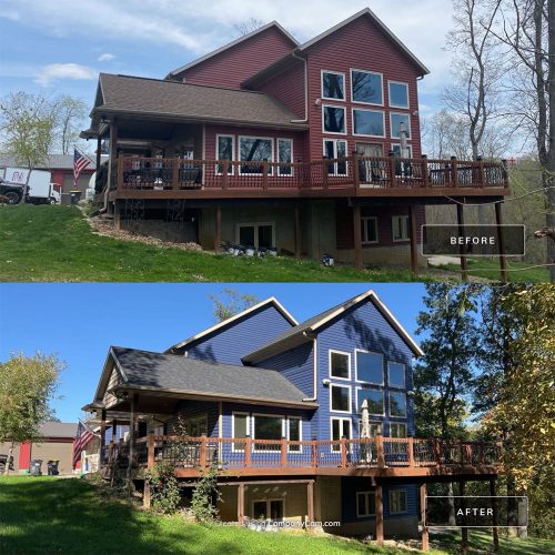 Before and after of a two story house with old red siding and new blue siding
