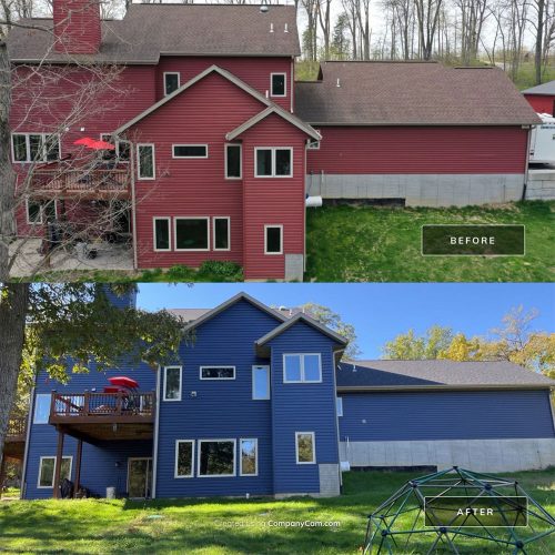 Before and after of a two story house with old red siding and new blue siding
